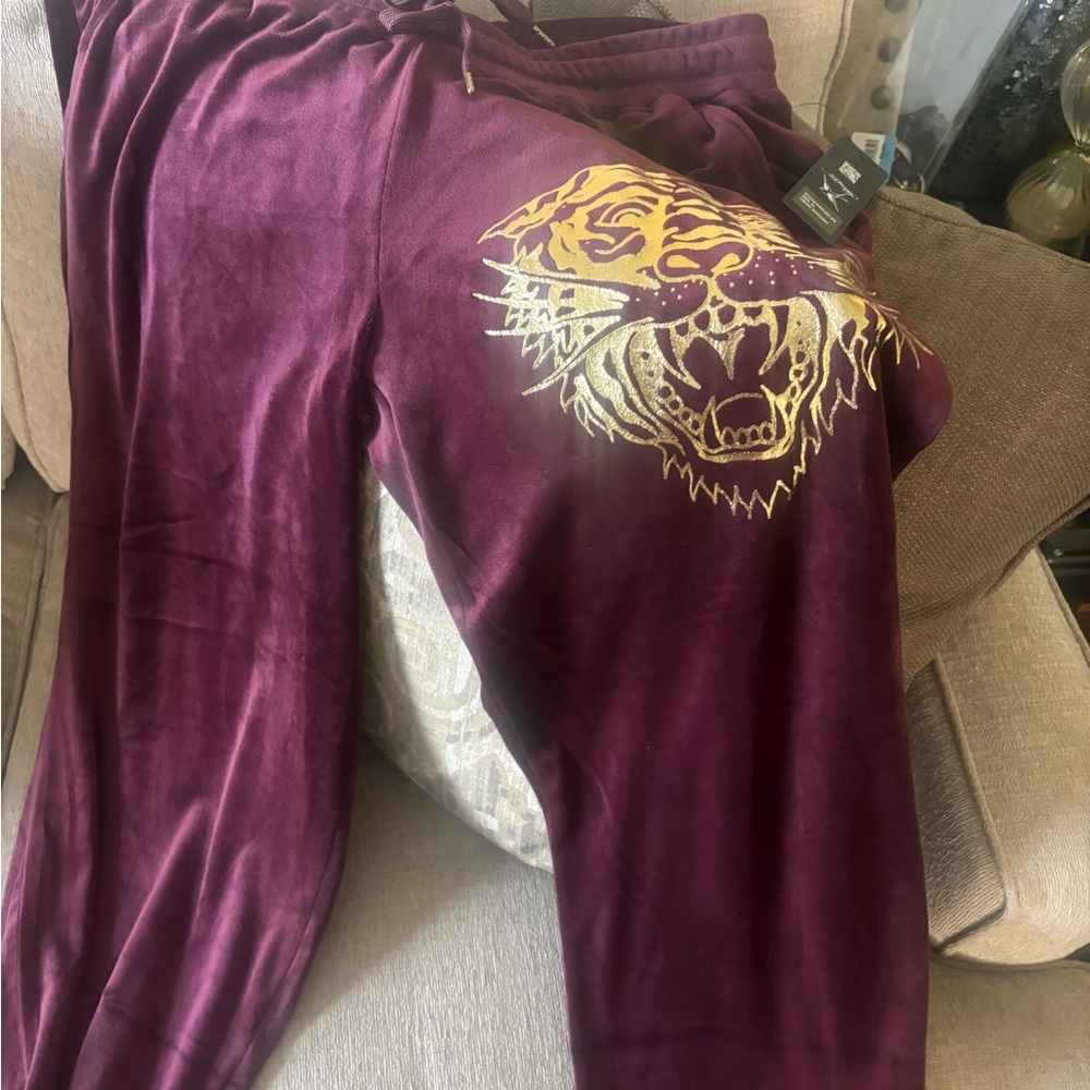 Ed Hardy Burgundy Velour Joggers with Gold Accent Graphic Set.